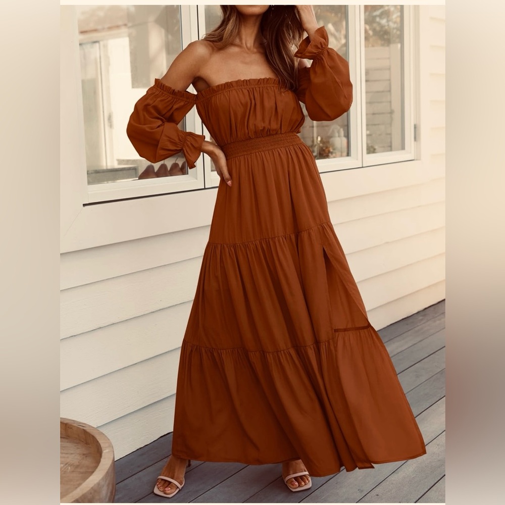 Elegant Brown Off-Shoulder Maxi Dress